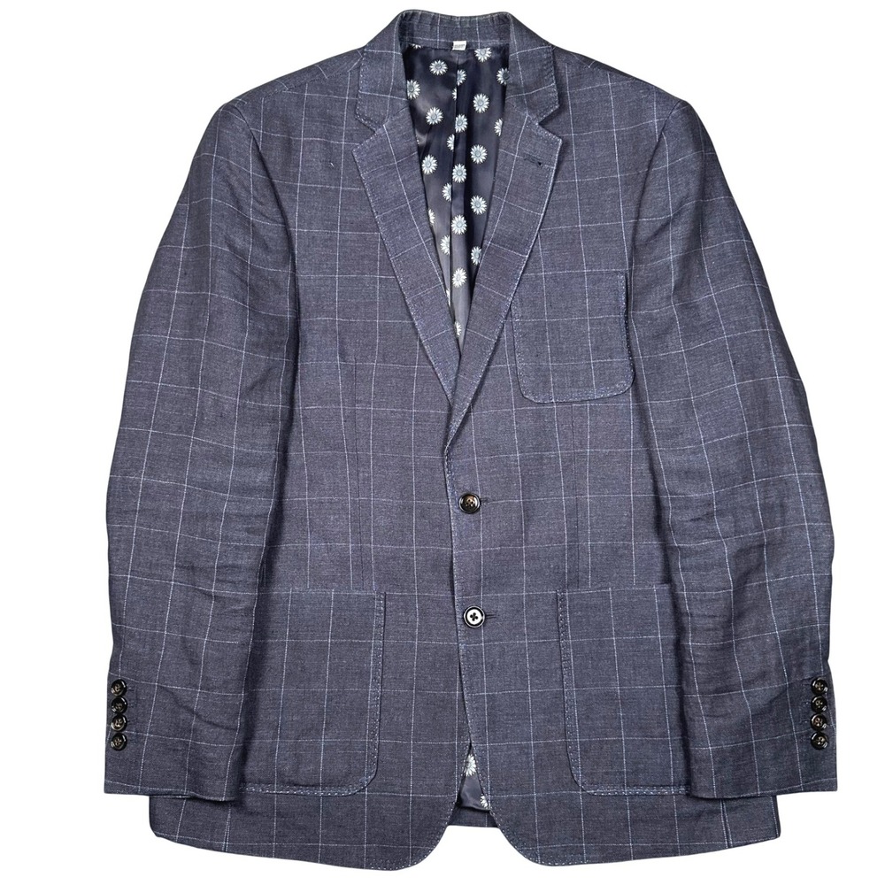 Murano Baird McNutt Linen Sport Coat Men's M Blue Windowpane Slim Blazer *FLAWED